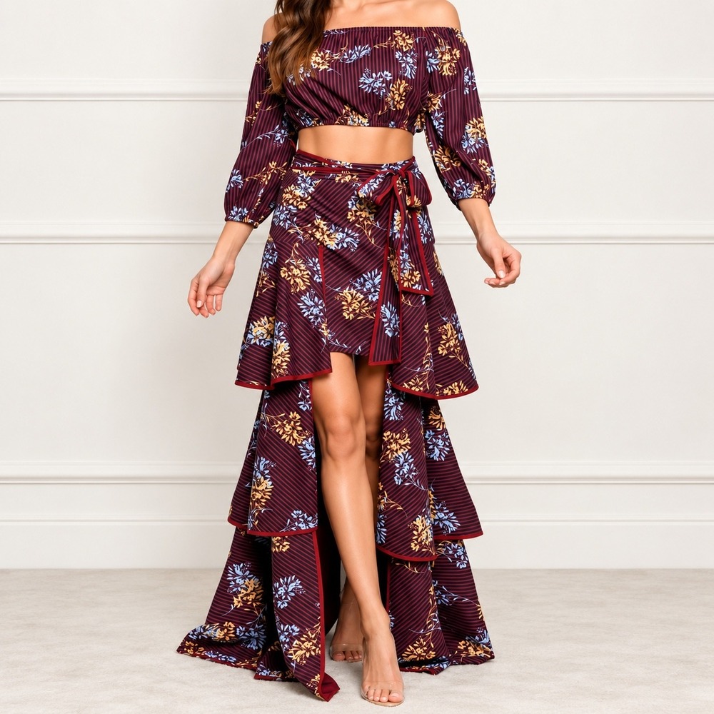Latiste Maxi Skirt Women Large Burgundy Floral Tiered High Low Boho